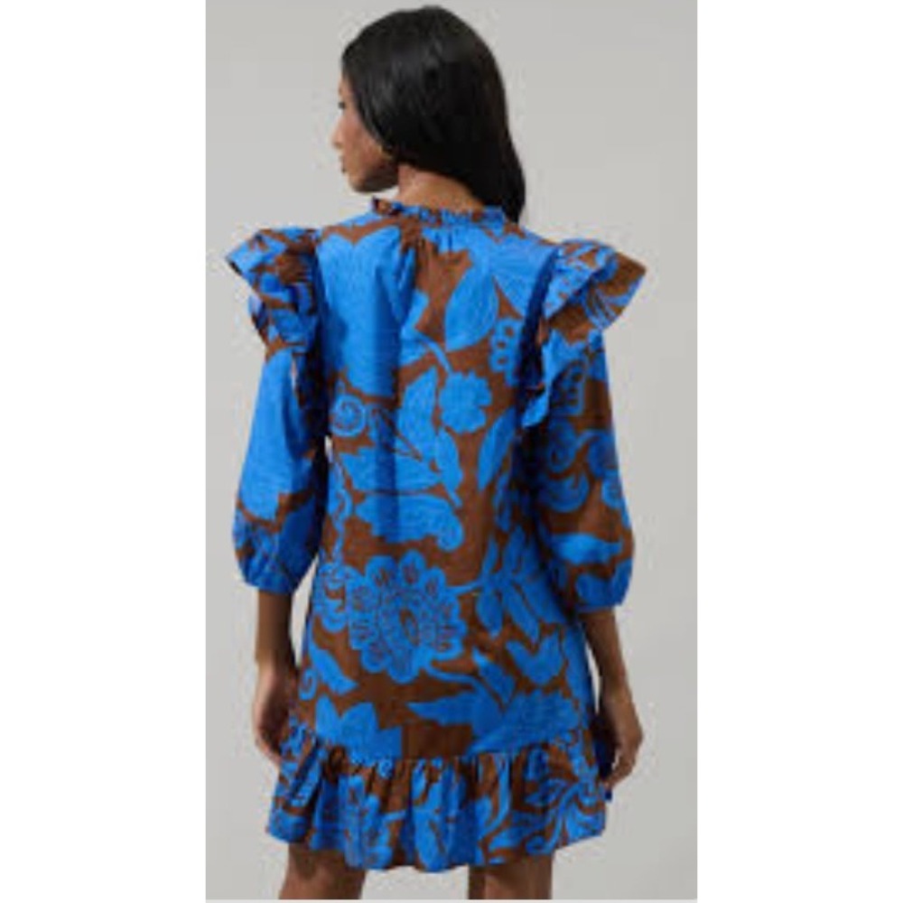 Sugarlips Blue Brown Floral Ruffle Shoulder Cotton Mini Dress Small - Picture 6 of 9
